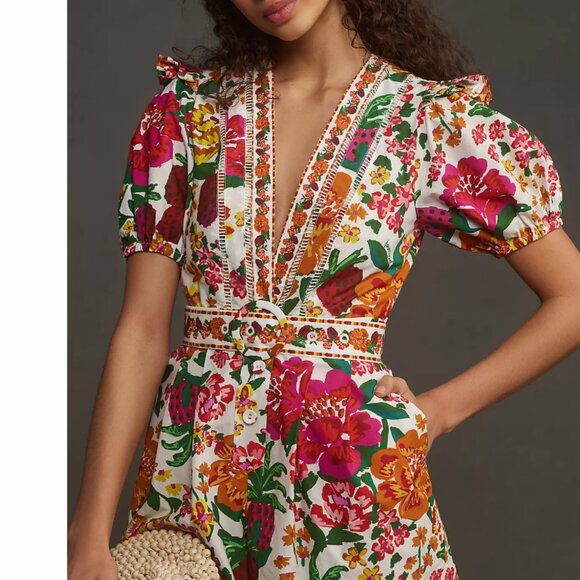FARM Rio Pants - FARM Rio White Floral Cotton Romper with Pink, Orange & Green Florals